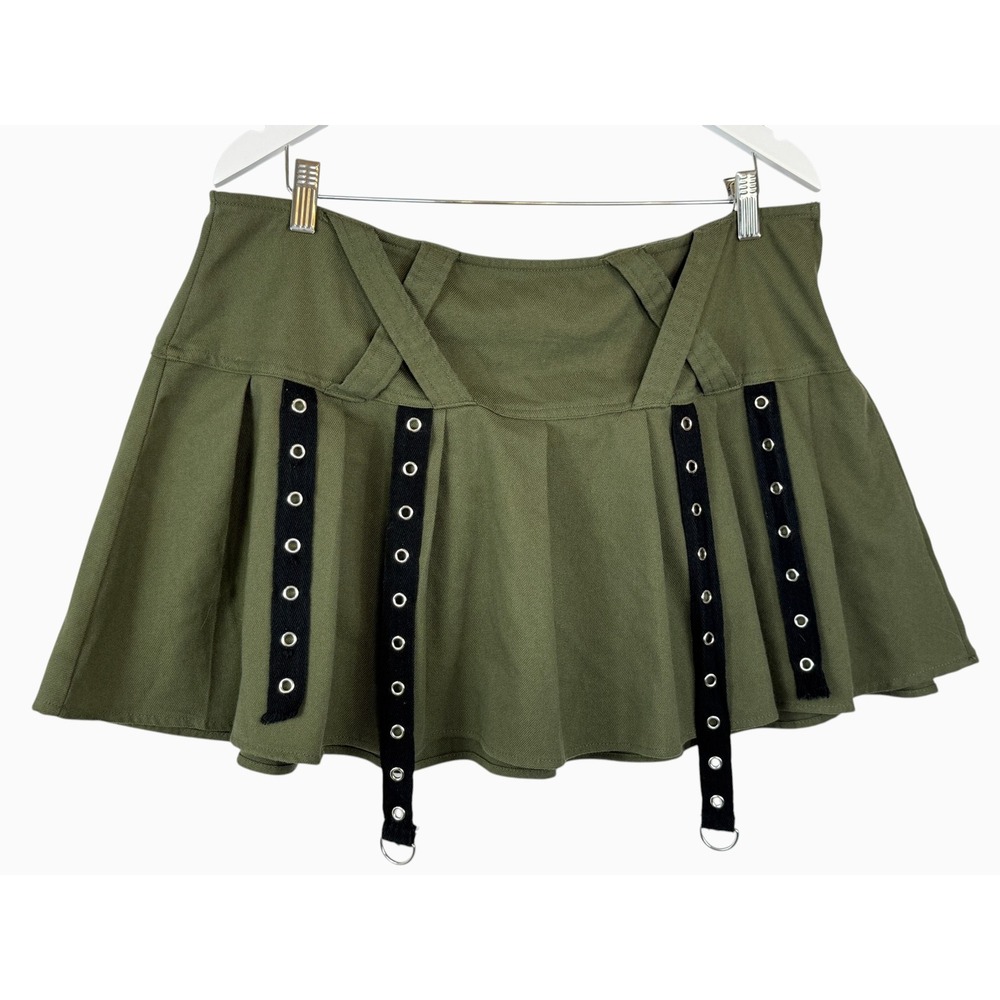 Social Collision Women's XL Olive Grommet Pleated Mini Skirt Hot Topic Alt Goth